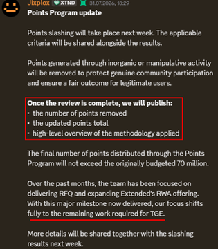 This image shows a "Points Program update" from Jixplox XTND, detailing a user cleanup to remove points earned through manipulation, which is related to the upcoming Airdrop mentioned in the accompanying post. The team will publish the number of points removed, the updated total, and the methodology used after the review.