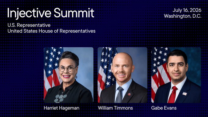 The image shows a group photo of three US government representatives wearing suits, with two men in ties standing in front of an American flag. The caption reads "@injective lately. Not just builders. Not just traders. Now US lawmakers are entering the conversation too." This suggests that the three individuals have come together at the Injective Summit to discuss and participate in matters concerning their political roles and responsibilities within the United States government.