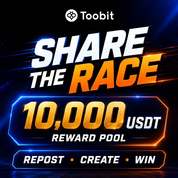 A promotional graphic for Toobit advertising a 'Share the Race' event with a 10,000 USDT reward pool, highlighting actions to repost, create, and win.