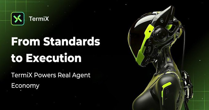 A promotional graphic for 'TermiX' featuring a sleek, futuristic humanoid robot with black and neon green accents, accompanied by the text 'From Standards to Execution' and 'TermiX Powers Real Agent Economy'.