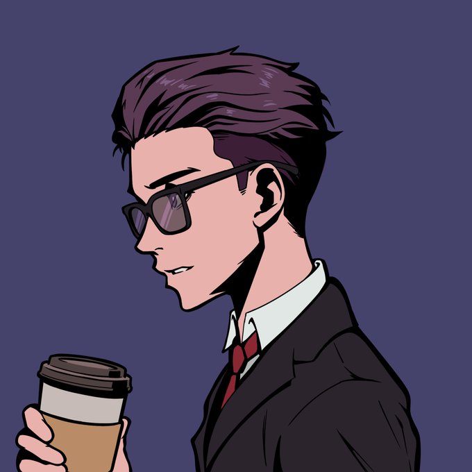 An illustrated profile of a man with dark hair and sunglasses wearing a black suit, red tie, and holding a coffee cup against a purple background.