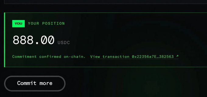A dark-themed interface shows a "YOUR POSITION" of "888.00 USDC" with the message "Commitment confirmed on-chain," along with a "Commit more" button.