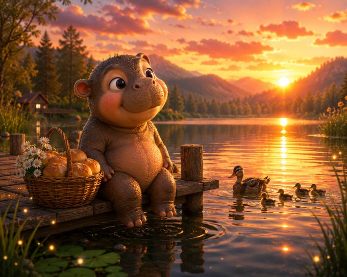 A cute hippo character sits on a wooden dock at sunset, with a basket of bread and daisies beside it, as ducks swim in the lake below.