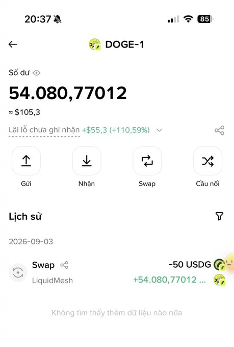 A Vietnamese-language crypto wallet screenshot displays a DOGE-1 token balance of ""54.080,77012"" (~$105.3) with a 24-hour gain of ""+110,59%"" and a swap history entry of ""-50 USDG"" to LiquidMesh.