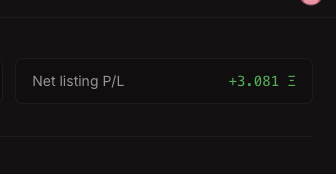 Dark screen showing green text 'Net listing P/L +3.081'.