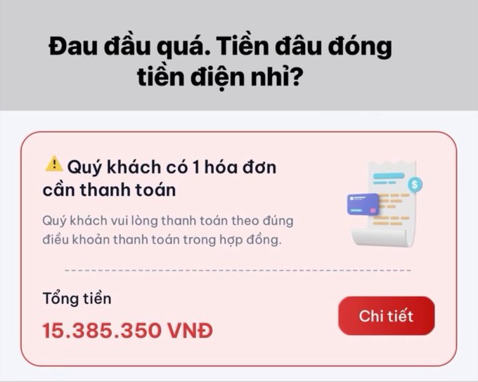 A screenshot of a Vietnamese notification stating 'Đau đầu quá. Tiền đầu đóng tiền điện nhỉ?' above a bill notice showing 'Quý khách có 1 hóa đơn cần thanh toán' with a total of '15.385.350 VNĐ'.