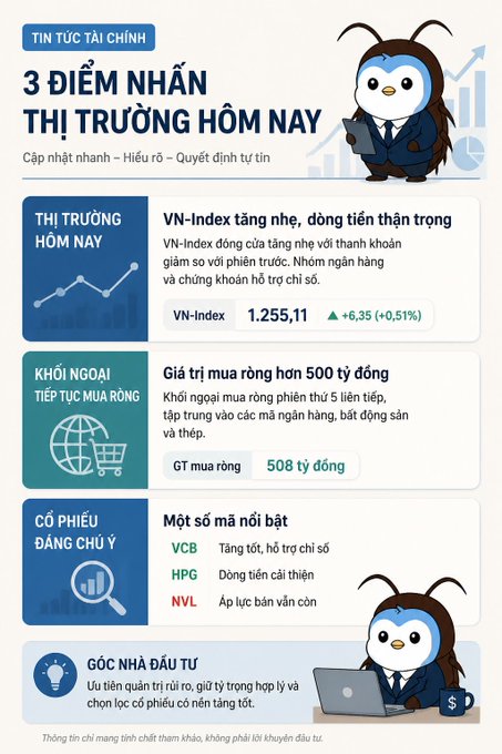 An infographic in Vietnamese titled 'TIN TỨC TÀI CHÍNH - 3 ĐIỂM NHẤN THỊ TRƯỜNG HÔM NAY' showing VN-Index at 1.255.11 (+6.35, +0.51%), net foreign purchase of 508 billion VND, and notable stocks including VCB, HPG, and NVL.