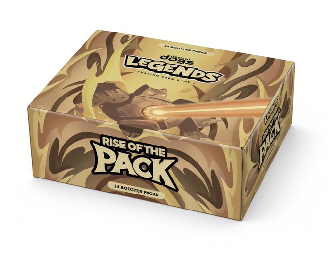 A 3D render of a trading card game booster box for 'DOGS OF LEGENDS' titled 'RISE OF THE PACK', containing '24 BOOSTER PACKS' with artwork of a dog in armor.