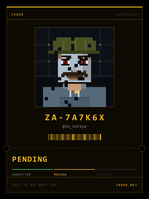 A digital whitelist card from ZADDR showing a pixel art character with the ID 'ZA-7A7K6X' and handle '@Im_SHIVya' marked as 'PENDING' review status.