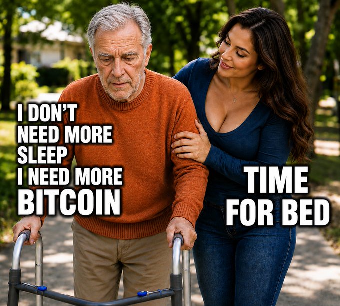 The image shows an elderly man with a walker being assisted by a younger woman, overlaid with text reading "I DON'T NEED MORE SLEEP, I NEED MORE BITCOIN" and "TIME FOR BED." The accompanying post reinforces the meme's message by contrasting physical decline with unwavering belief in Bitcoin, suggesting that conviction in the asset grows stronger with age despite the body's aging.
