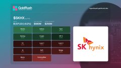 The image shows a GoRush quantum priceboard displaying the ticker **$SKHX** with real-time trading data including bid/ask prices (820X11/12-3.274) and a **$30MM** market cap, alongside the **SK hynix** company logo. This directly supports the post's focus on tracking SK Hynix's pre-IPO ($SKHX) listing, with the dashboard providing the live market metrics needed to monitor its debut performance.
