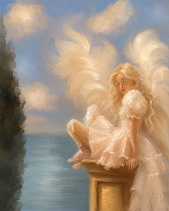 A digital painting of a blonde angel in a white dress with large wings, sitting on a stone ledge against a sky with clouds and an ocean view.