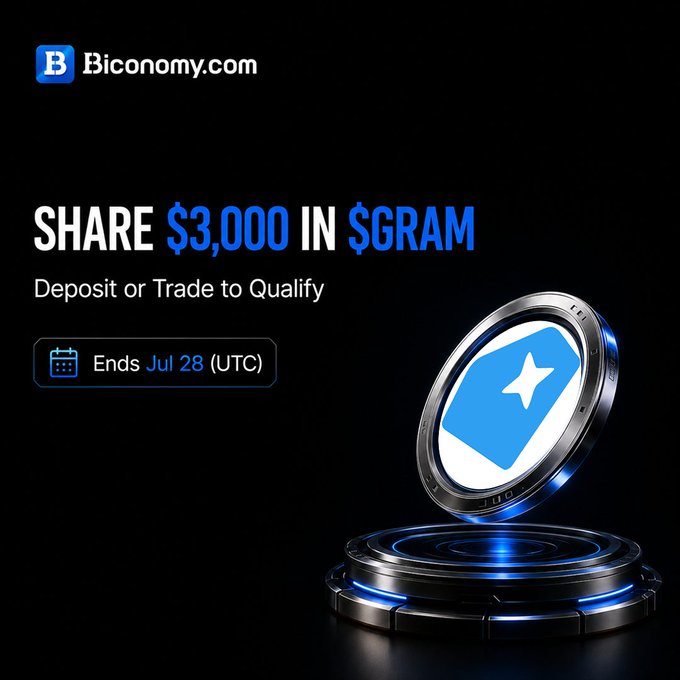 A promotional banner for Biconomy.com offering to 'SHARE $3,000 IN $GRAM' by depositing or trading, ending Jul 28 (UTC).