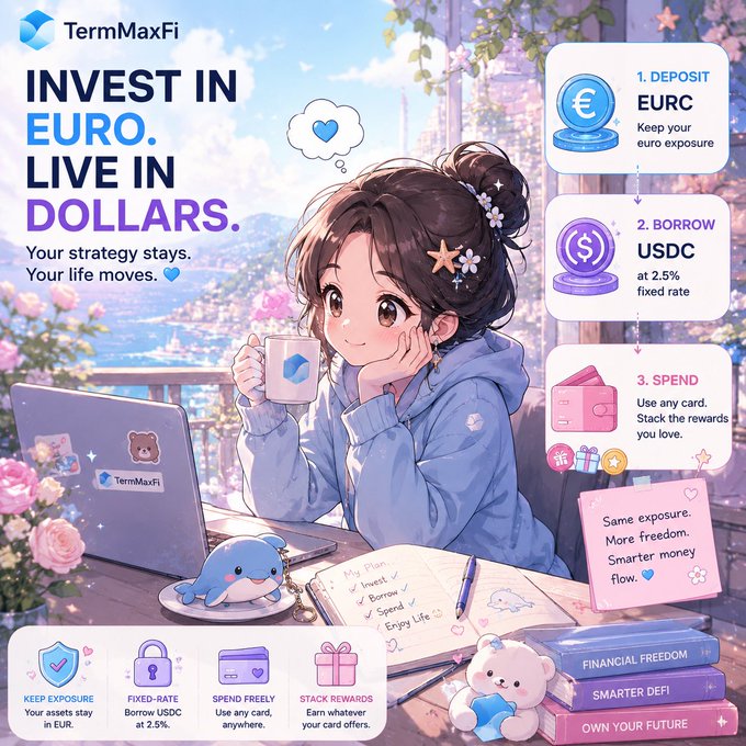 An anime-style promotional poster for TermMaxFi with the tagline 'INVEST IN EURO. LIVE IN DOLLARS.', showing a 3-step process of Deposit EURC, Borrow USDC, and Spend, alongside benefits like fixed-rate borrowing and stacking rewards.