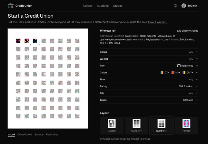 A dark-themed web interface for starting a 'Credit Union' showing a grid of 129 eligible credits on the left and filter options like Weight, Print, Colors, and Rating on the right.