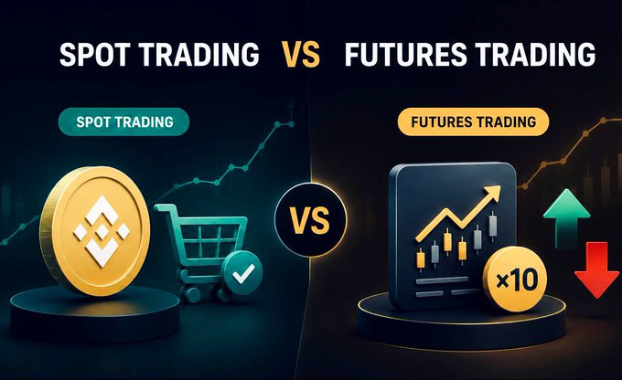 A comparison graphic titled "SPOT TRADING VS FUTURES TRADING" featuring a gold Binance coin with a shopping cart on the left representing spot trading, and a chart with an upward arrow and "×10" leverage indicator on the right representing futures trading, visually illustrating the blog post's explanation of how the two digital asset trading methods differ.