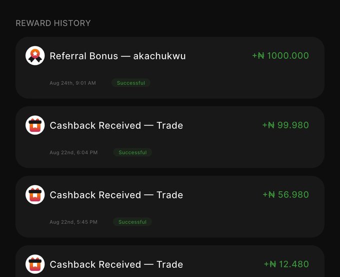 A "Reward History" screen displays four successful transactions: a ₦1,000.000 referral bonus from "akachukwu" on Aug 24th, and three trade cashback rewards of ₦99.980, ₦56.980, and ₦12.480 on Aug 22nd. The image visually supports the post by showcasing the recent earnings from QuickChain that helped secure lunch.