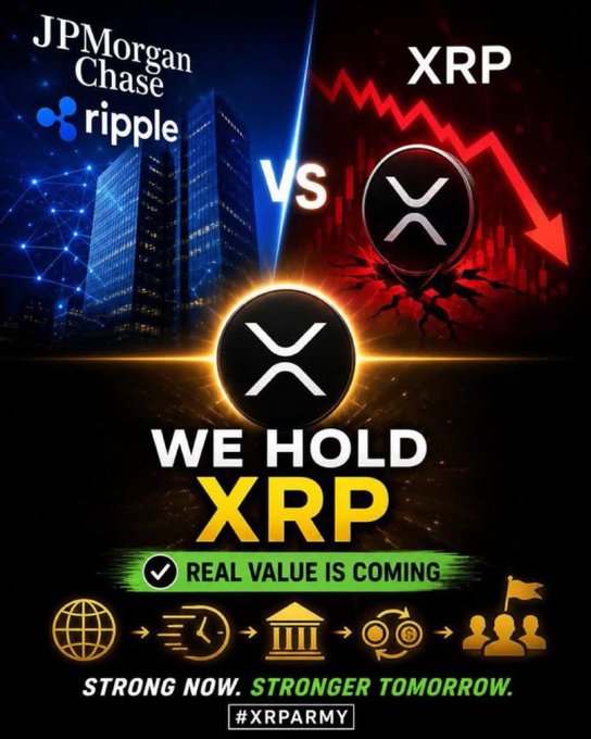 The image features a poster with two logos - one representing a cryptocurrency called Ripple and another representing a bank named JPMorgan Chase. The Ripple logo has a red circle, while the JPMorgan Chase logo has a blue square. The text on the poster reads "We hold XRP real value is coming" and "Strong now. Stronger tomorrow". This suggests that despite the current downturn in the cryptocurrency market, the poster encourages people to hold onto their investments in Ripple because it is still valuable and will continue to gain worth over time.