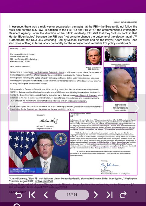 A news article or document about the FBI/Hunter Biden investigation features photos of Michael Horowitz, Adam Miles, and Timothy Thibault, with text from the Office of the Inspector General.