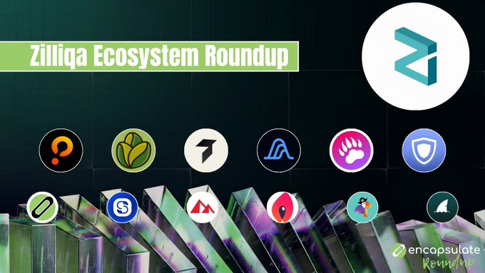 A Zilliqa Ecosystem Roundup graphic with a green header, displaying the Zilliqa 'Z' logo in the top right and a row of circular project icons above a crystalline, prismatic surface, with 'encapsulate Roundup' branding.