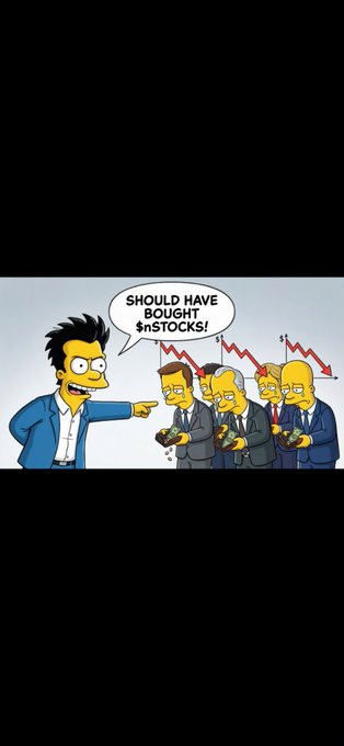 A cartoon in *The Simpsons* style shows a character taunting several traders, saying "SHOULD HAVE BOUGHT $nSTOCKS!" while red downward arrows indicate falling stock prices. The image humorously mocks financial advisors for missing out on the $nSTOCKS token, tying into the post's promotion of the "NotMarket" as an alternative to Wall Street.