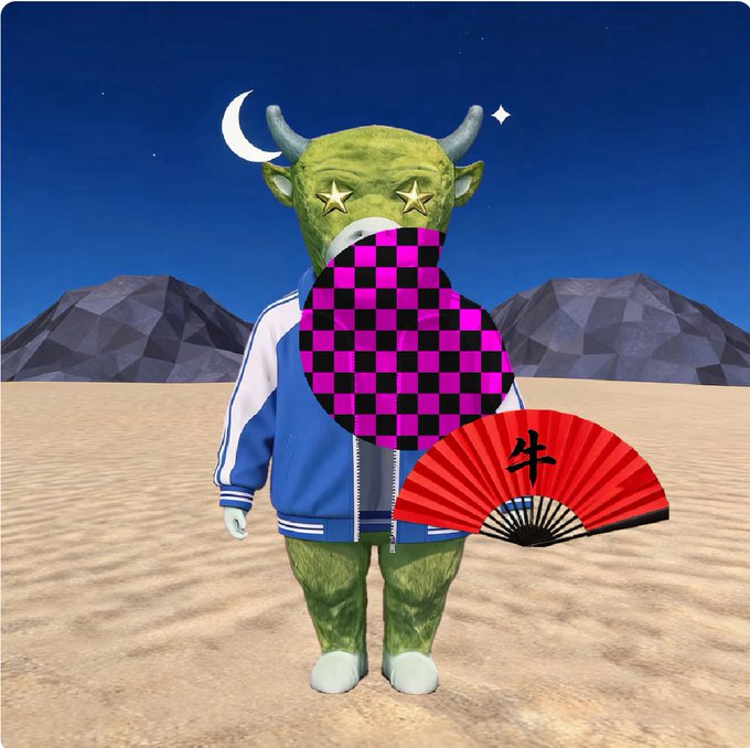 A 3D-rendered green monster character with star eyes and horns stands in a desert landscape under a starry sky, holding a red folding fan with a Chinese character and wearing a blue and white varsity jacket, with a pink and black checkered circle obscuring its face.
