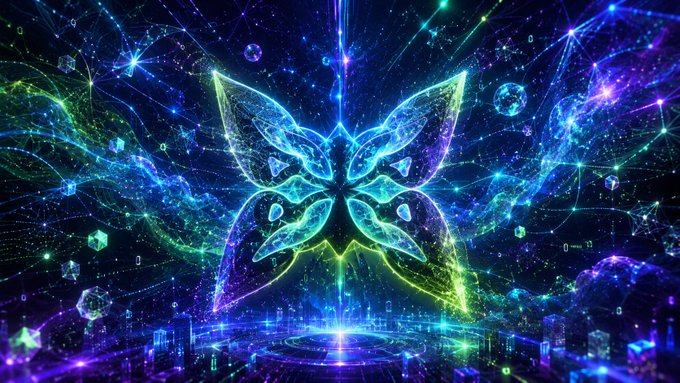 The image features a large, colorful butterfly-like shape with neon green and blue colors against a dark background. The butterfly appears to be floating or hovering above an urban cityscape filled with buildings of various sizes and shapes. The text "Crypto has a funny habit of making revolutionary technology look like internet memes. Case in point: @quipnetwork is introducing real quantum hardware to Web3. And the first thing people get? An NFT collection." suggests that this image might be related to the cryptocurrency or blockchain industry, with the butterfly symbolizing the concept of digital currency and its evolution over time. The urban cityscape represents the interconnectedness of technology and society in today's world.