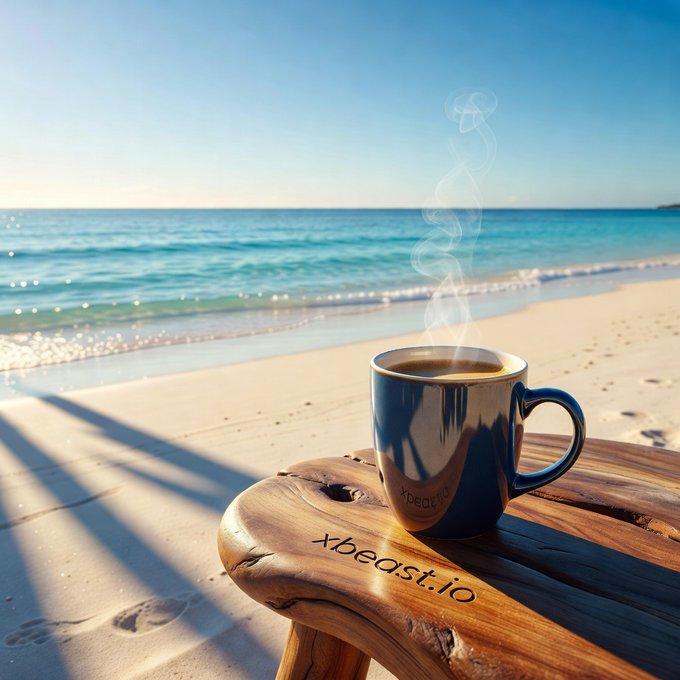 A steaming blue coffee mug sits on a wooden table on a beach with turquoise ocean water in the background, with "xbeast.io" text visible.