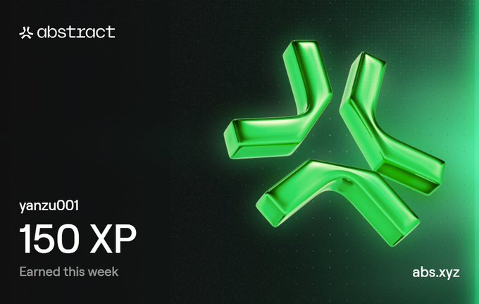 An abstract digital graphic with a glowing green 3D abstract logo on a dark background, displaying the text 'abstract', 'yanzu001', '150 XP Earned this week', and 'abs.xyz'.