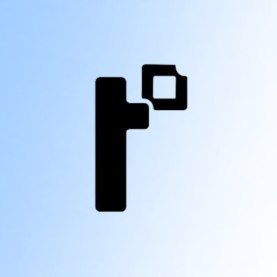 A minimalist logo featuring a black key-like shape with a square cutout, set against a light blue gradient background.