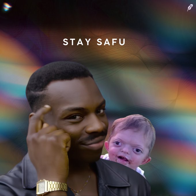 A man holding a baby poses against a colorful abstract background, with the text "STAY SAFU" displayed above them and a small logo in the upper right corner. The image and text playfully reinforce the post's message about staying cautious ("SAFU" being crypto slang for "safe") when evaluating projects, while humorously contrasting initial skepticism with eventual approval.