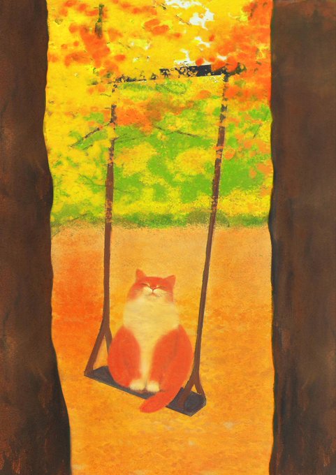 A watercolor-style illustration of a white and orange cat sitting on a swing between two trees, with a vibrant yellow and green landscape