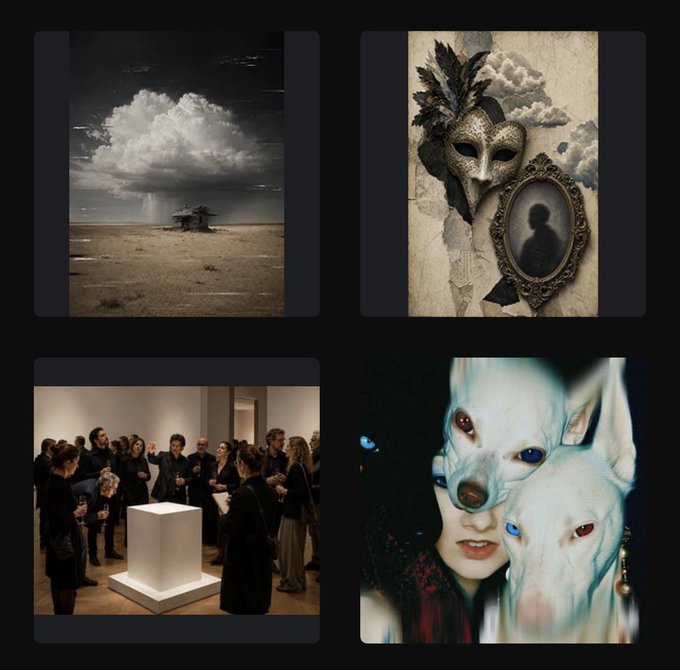 A collage of four distinct images: a black-and-white desert landscape with a dark storm cloud, a Venetian-style mask and an ornate empty picture frame on a vintage background, an art gallery scene with people viewing a white pedestal, and a close-up of a person wearing a white wolf mask with red and blue eyes.