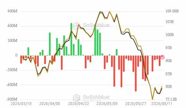 The image shows a graph depicting the value of Bitcoin and other cryptocurrency exchange pairs over time. The line chart displays the fluctuating values, with some periods showing a significant increase followed by a period of decline or a steady downward trend. There are also bars in red and green representing different cryptocurrency exchanges. The graph's colors indicate whether the value of that particular exchange has gone up or down during those days. Additionally, there is text above the chart providing an analysis of the data and how it relates to current events related to Bitcoin and exchanges like SoSoValue.