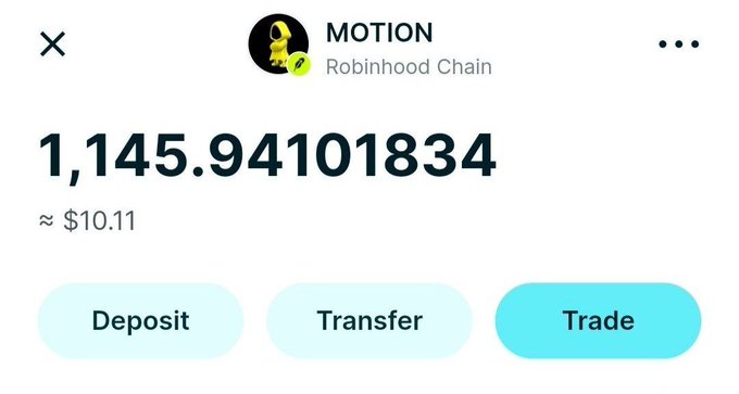A Robinhood Chain wallet displays a MOTION token balance of 1,145.94101834 (≈ $10.11), with options to Deposit, Transfer, or Trade—likely shown to promote earning MOTION rewards through the TipFi platform mentioned in the post.