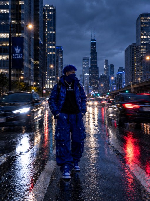 A stylish young man in a blue puffer jacket and 'SSTKR' hoodie stands in the middle of a rain-slicked city street at night, with car light reflections and skyscrapers (including what appears to be the Willis Tower) in the background.