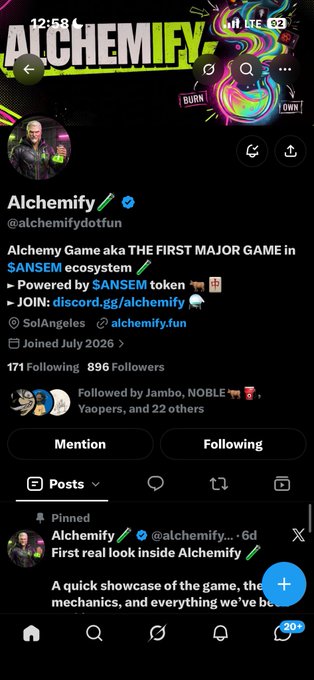 A social media profile for 'Alchemify' (@alchemifydotfun) with text about 'Alchemy Game' on the SANSEM ecosystem, showing 896 followers.