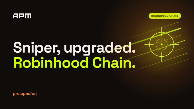 A promotional graphic with a black background displays 'APM' logo, the text 'Sniper, upgraded. Robinhood Chain.', a yellow crosshair target, and the URL 'pro.apm.fun'.