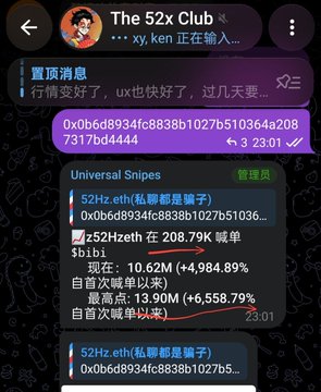 A Telegram chat screenshot from 'The 52x Club' showing a pinned message about market conditions and a meme coin called '52Hz.eth' with stats showing $52Hzeth at 208.79K market cap, 10.62M volume (+4,984.89%), and a highest of 13.90M (+6,558.79%).