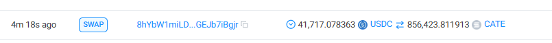 A blockchain transaction log shows a swap executed 4 minutes 18 seconds ago, where the wallet "8hYbW1miLD...GEJb7lBgjr" exchanged 41,717.078363 USDC for 856,423.811913 CATE tokens. This supports the post's claim that a wallet purchased approximately $41,700 worth of CATE in a single transaction.
