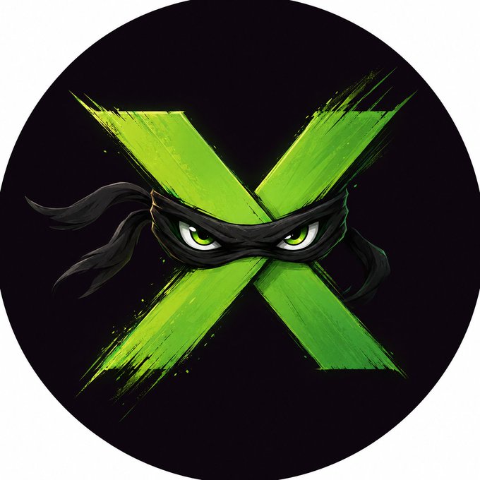 A stylized logo featuring a large green 'X' with an intense face wearing a black ninja mask, set against a black circular background.