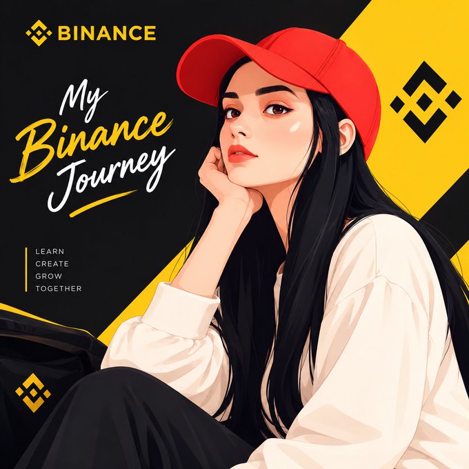 A stylized illustration of a young woman wearing a red cap and white shirt, posing thoughtfully against a black and yellow background featuring Binance branding and the text "My Binance Journey" alongside "LEARN CREATE GROW TOGETHER." The artwork visually represents the personal story of discovery and growth within the crypto space, capturing the introspective moment of curiosity mentioned in the accompanying post.