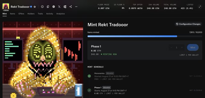 A screenshot of an NFT minting page for 'Rekt Tradooor' showing a pixel art character in a yellow hoodie, with 2815/10000 items minted at 0.02 ETH.