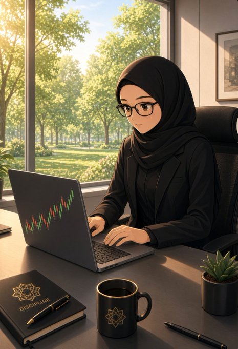 An anime-style illustration of a young woman wearing a black hijab and glasses working on a laptop displaying a trading chart, with a book titled 'DISCIPLINE' on her desk.
