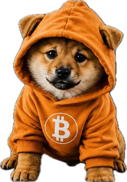 A Shiba Inu dog wearing an orange hoodie with a Bitcoin symbol on the chest sits against a white background.