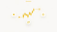 A minimalist yellow and white graphic displaying a financial chart with candlestick patterns, circular icons, and small charts connected by lines, with the word 'BINANCE' at the top.