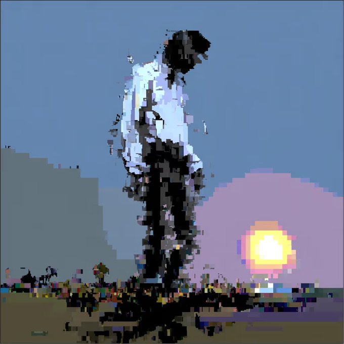 A pixelated/glitchy digital art piece showing a figure in white standing amidst a crowd under a setting sun, with a fragmented, almost cubist aesthetic.