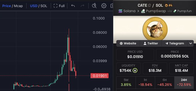 A chart of $CATE (CATE/SOL) on PumpSwap/Pump.fun showing the token's price crashing from a peak near $0.0900 down to $0.01901, with 24H performance down -72.59%, visually confirming the post's claim that whales and insiders dumped on retail after the recent spike.
