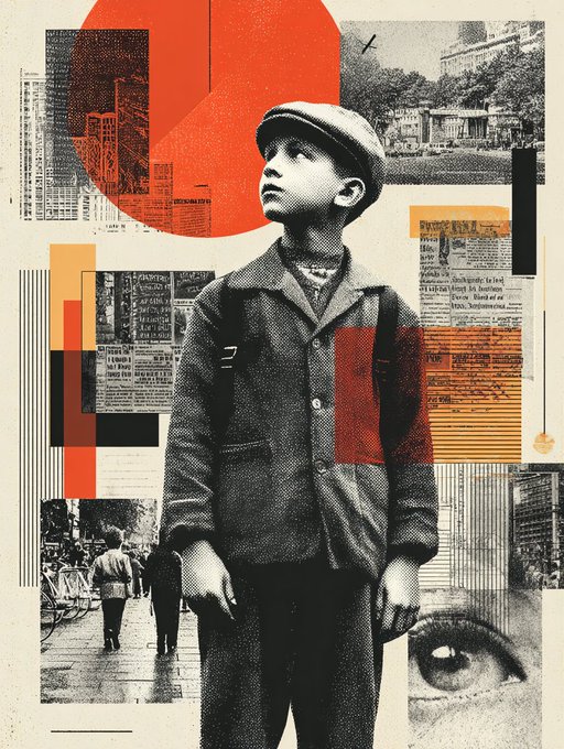 A vintage-style collage featuring a black-and-white portrait of a young boy in a cap layered with newspaper clippings, geometric shapes, and a close-up eye.