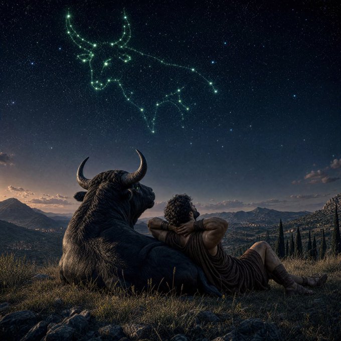 A digital artwork showing a person sitting with their arm around a bull at night, gazing up at a Taurus constellation made of glowing stars in the starry sky.